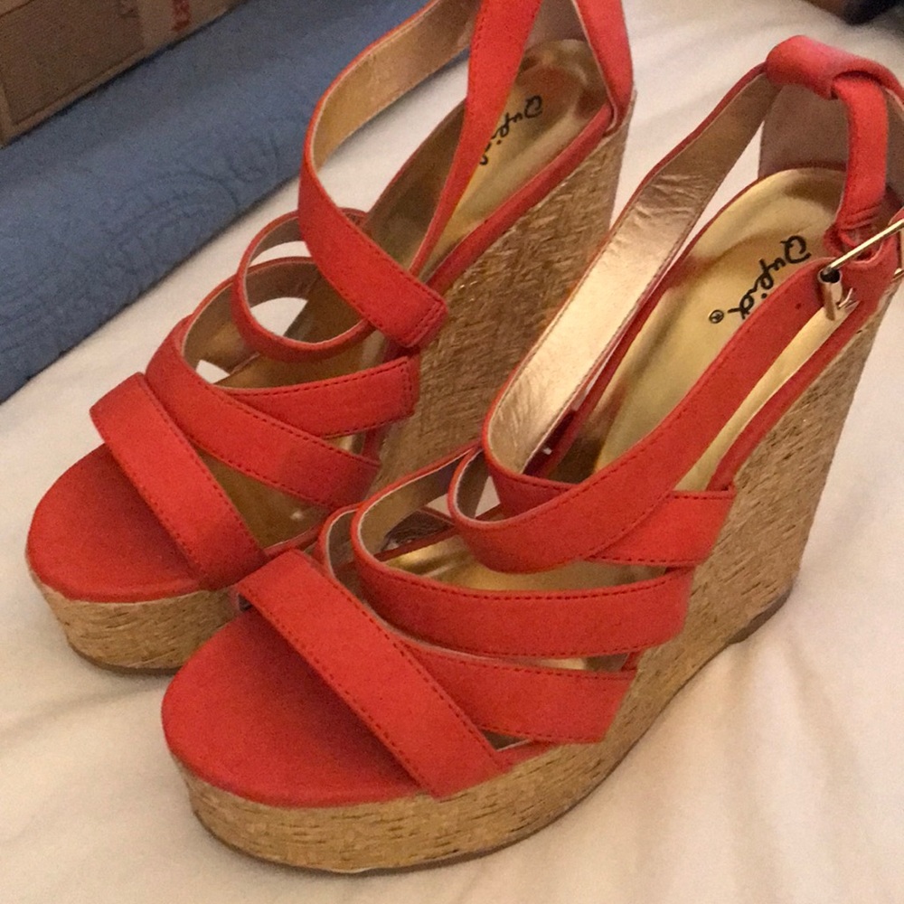 Qupid Tangerine Wedge Sandals with Gold Heel